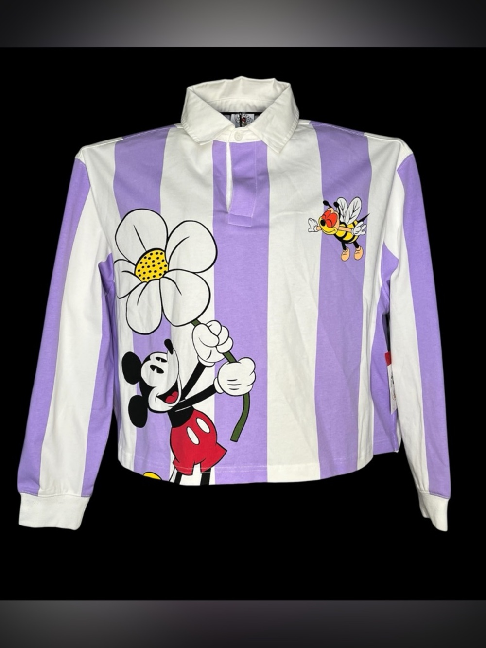 Disney Mickeys Garden Collection Rugby Polo Purple Stripe Crop Shirt NWT M